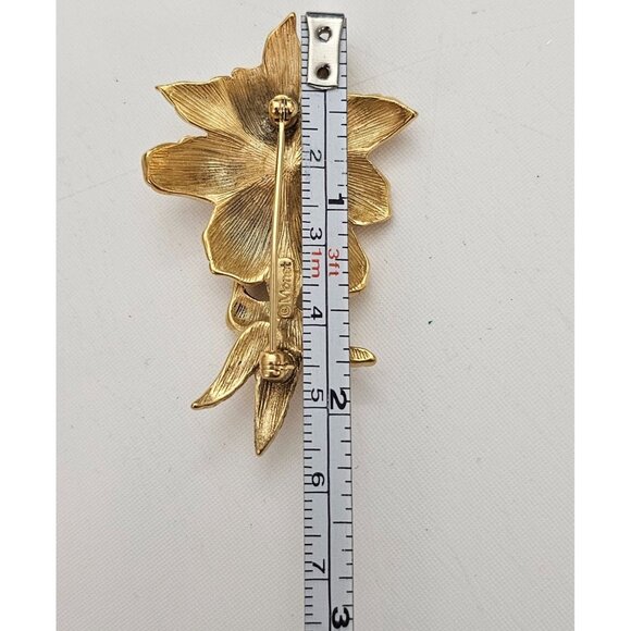 Monet Matte Gold Tone Hummingbird Flower Brooch Rhinestone Vintage Pin Signed,J1 - Picture 7 of 10